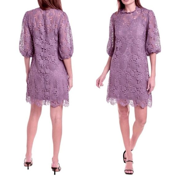 Johnny Was Lorrie Purple Crochet Lace Mini Dress Puff Sleeves Size Medium - Picture 1 of 14